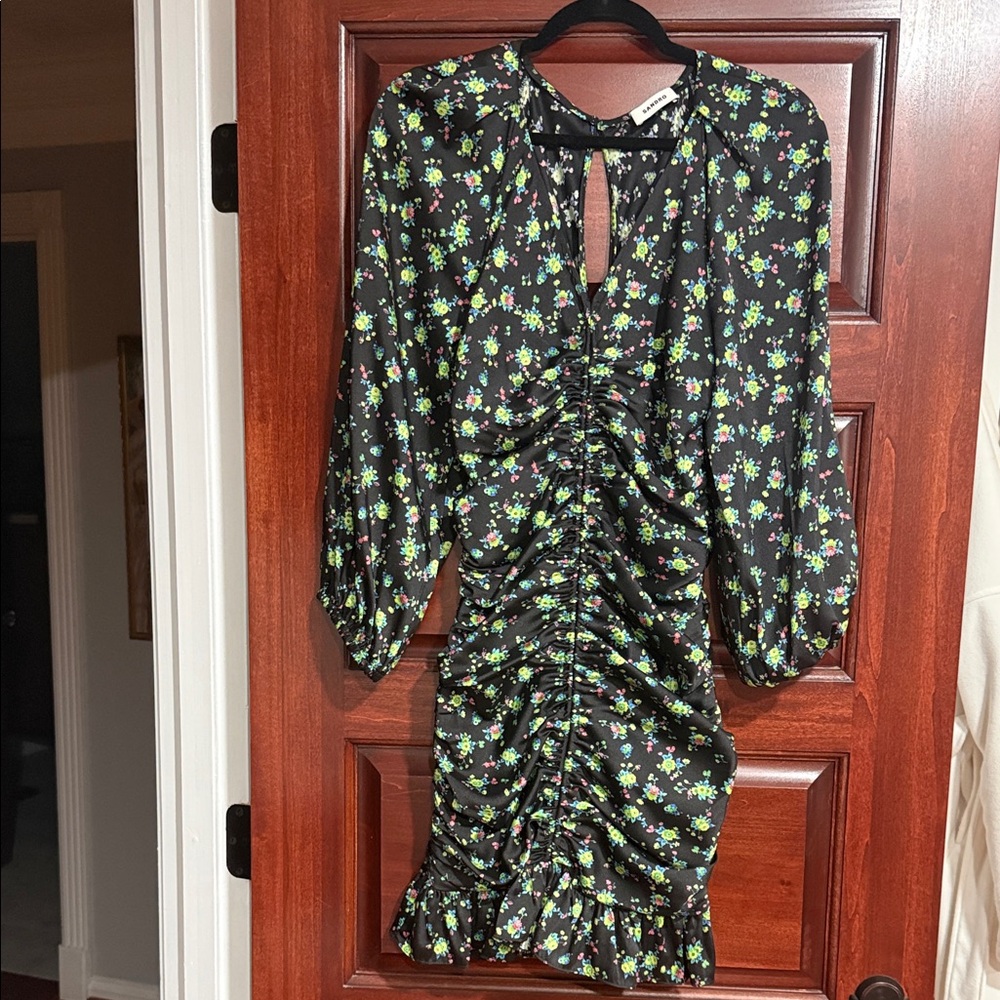 Sandro Black Mini Dress with Green Floral Ruched Front